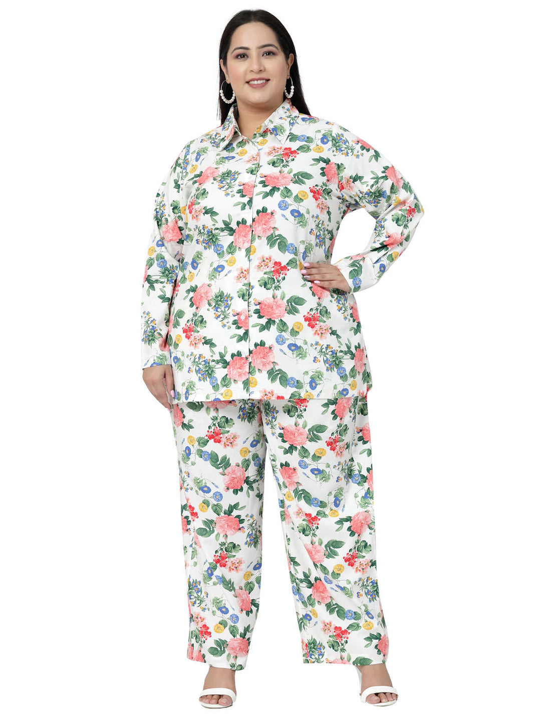 Plus Size White Floral Printed Shirt & Trousers