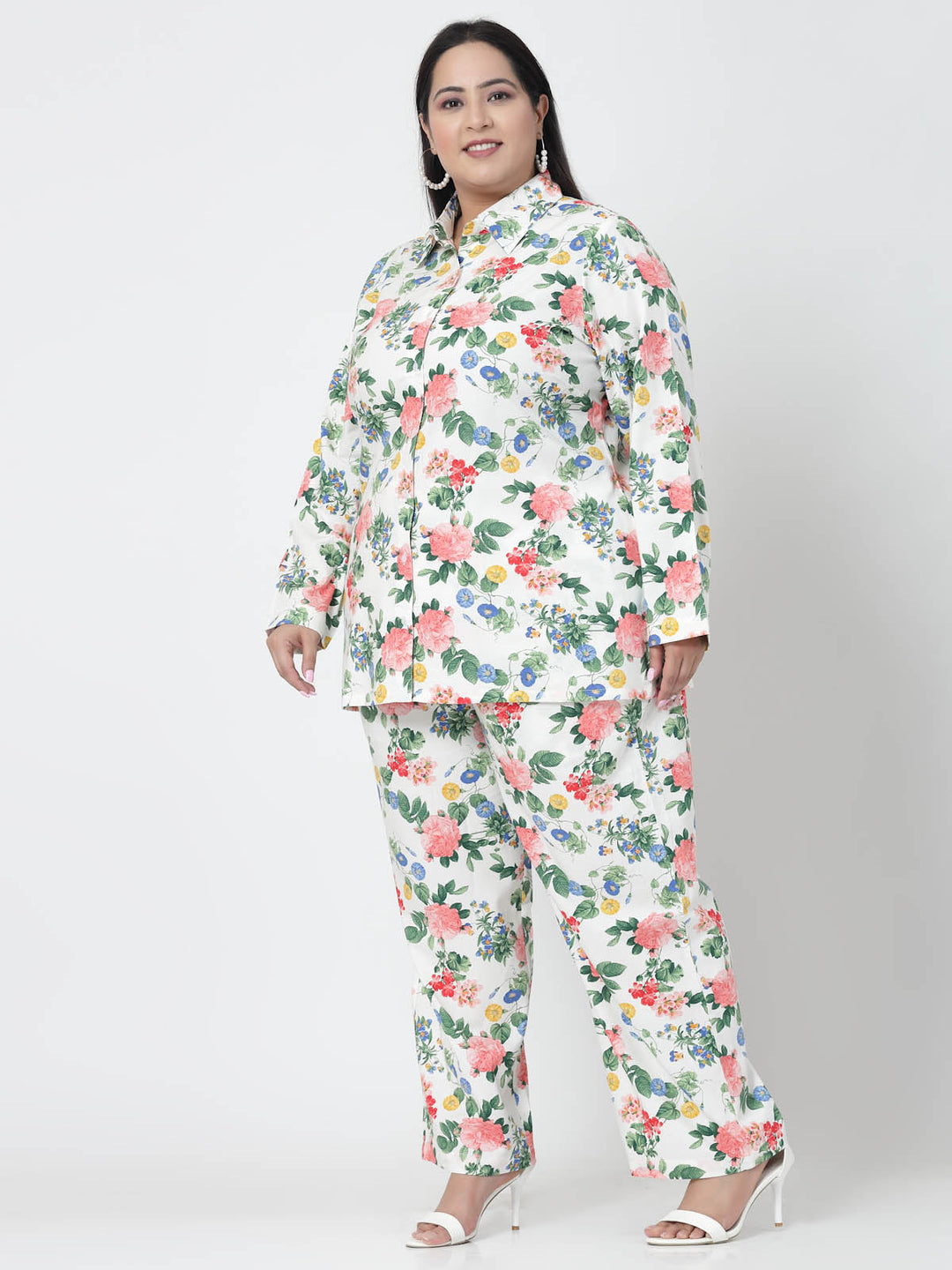 Plus Size White Floral Printed Shirt & Trousers