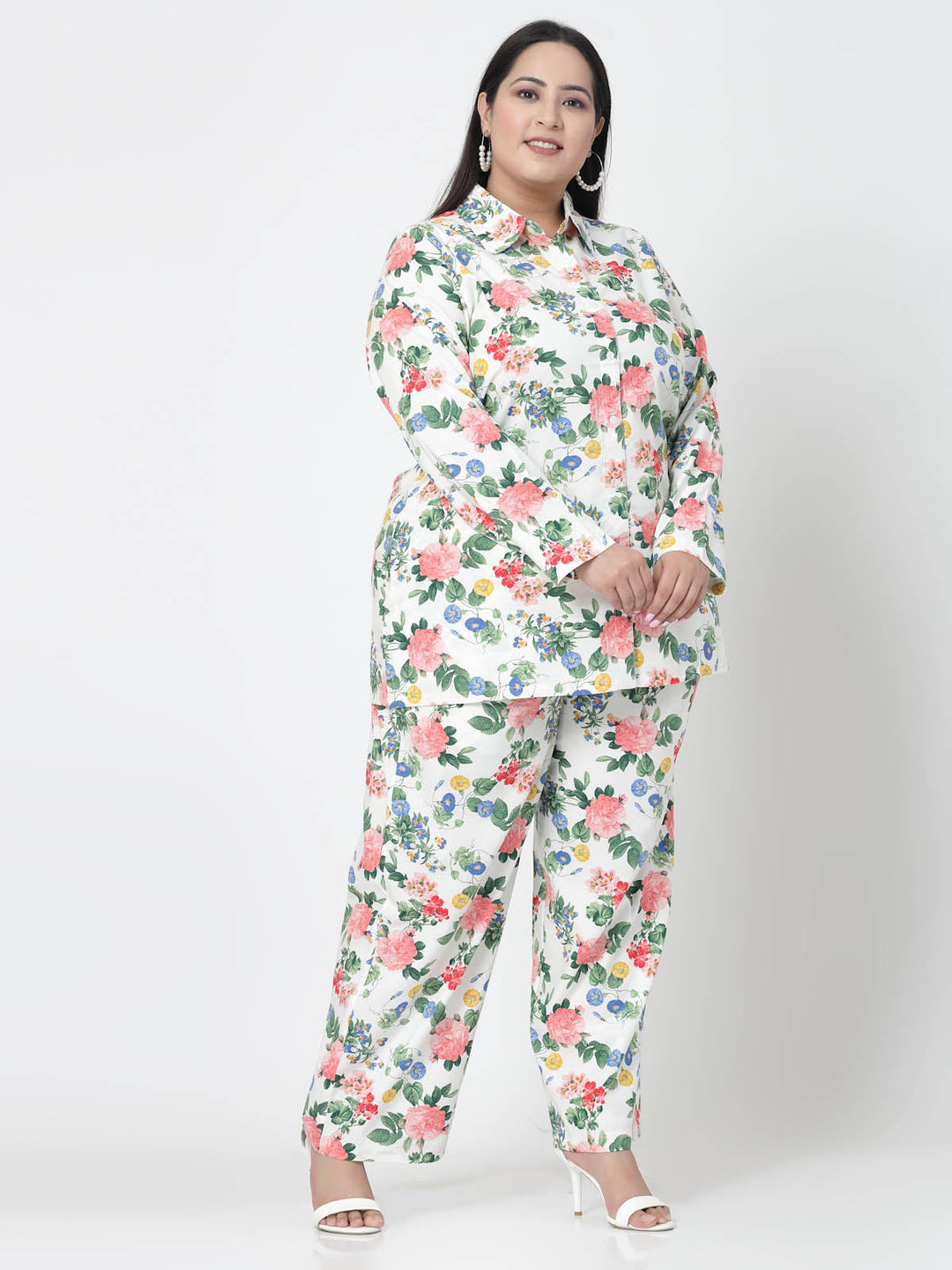 Plus Size White Floral Printed Shirt & Trousers