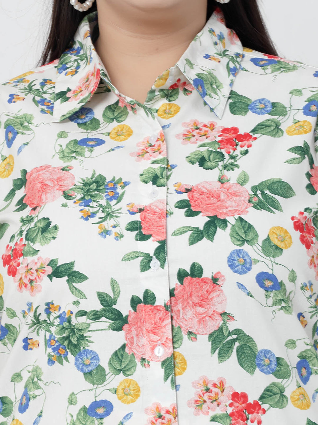 Plus Size White Floral Printed Shirt & Trousers