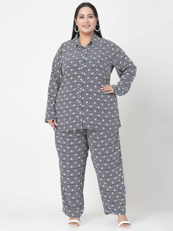 Plus Size Abstract Printed Shirt & Trousers