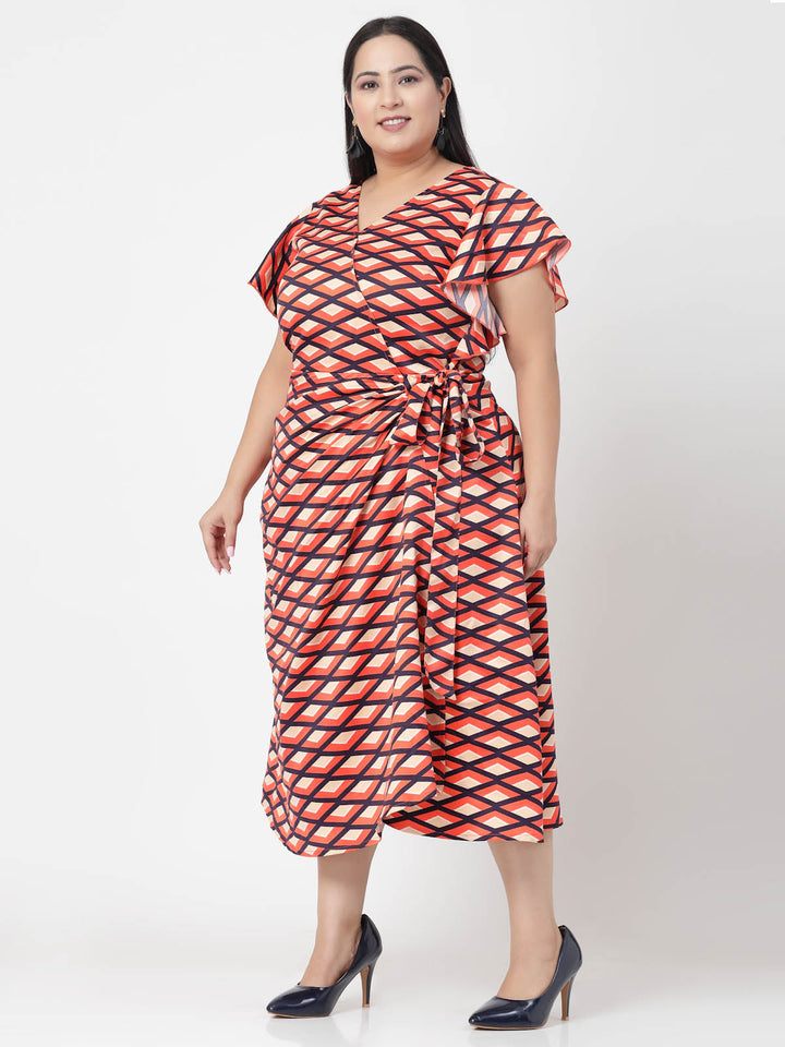 Plus Size Geometric Printed Wrap Midi Dress