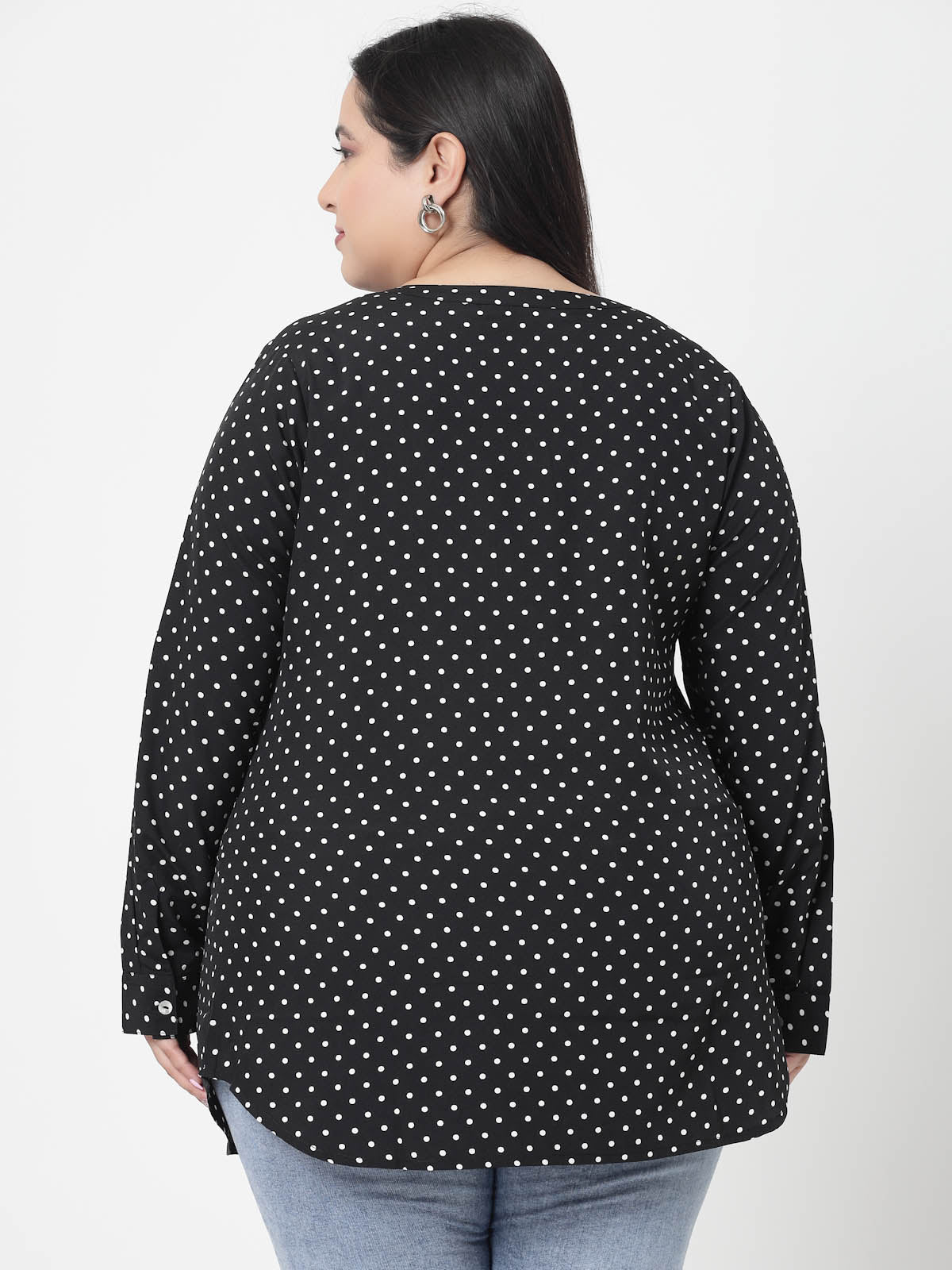 Black Plus Size Polka Dots Printed Longline Top