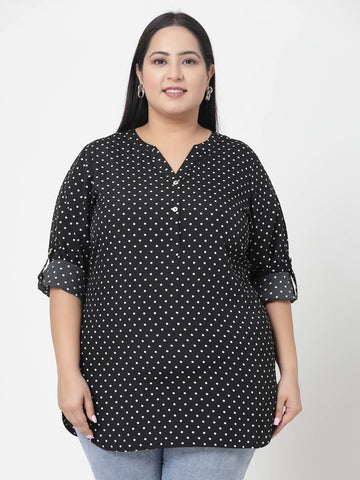 Black Plus Size Polka Dots Printed Longline Top