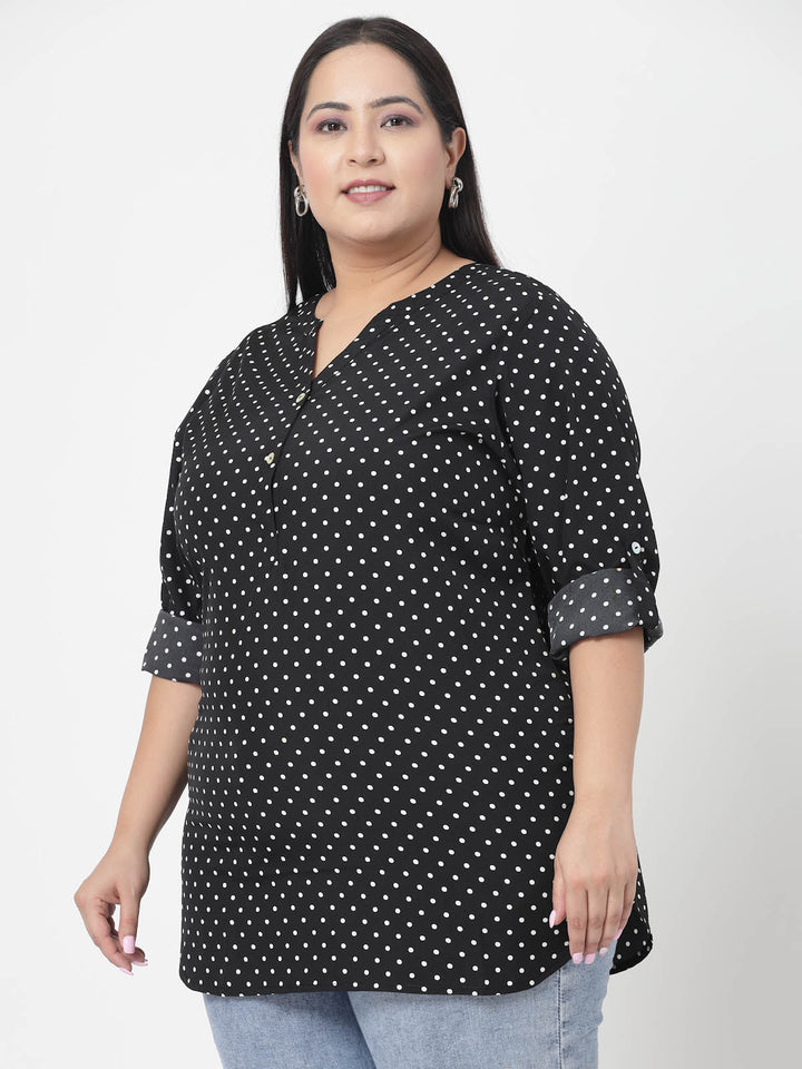 Black Plus Size Polka Dots Printed Longline Top