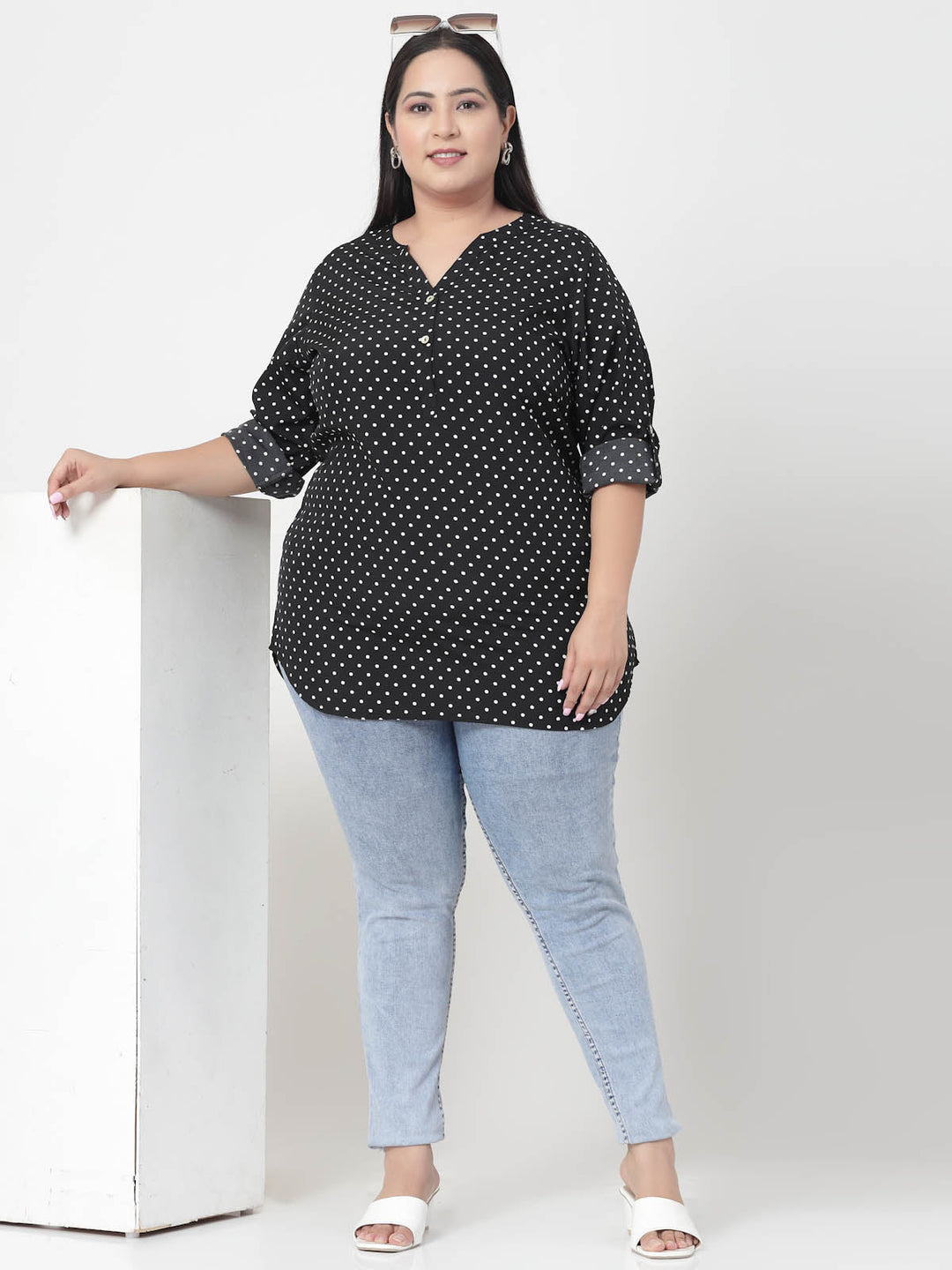 Black Plus Size Polka Dots Printed Longline Top