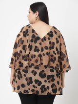Women Plus Size Animal Printed Flared Sleeve Styled Back Top