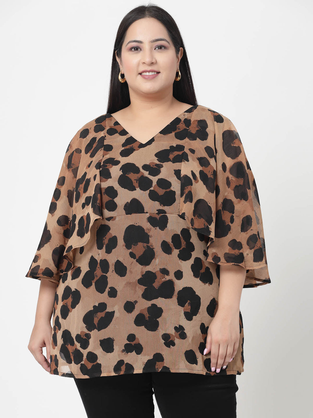 Women Plus Size Animal Printed Flared Sleeve Styled Back Top