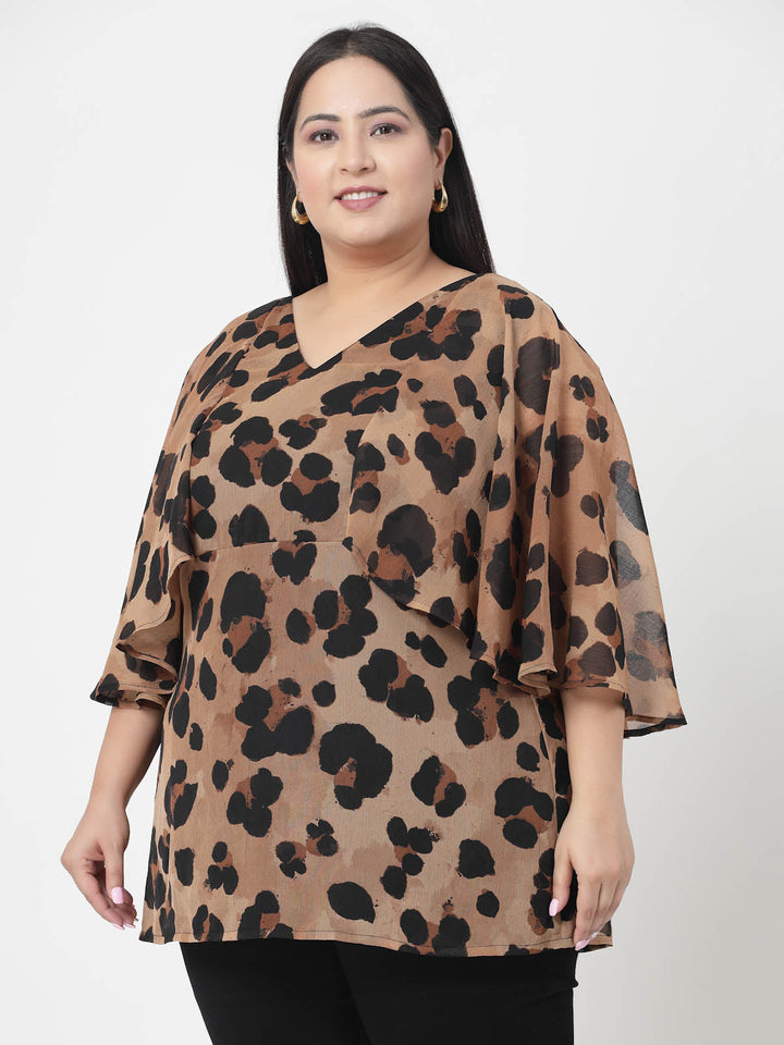 Women Plus Size Animal Printed Flared Sleeve Styled Back Top