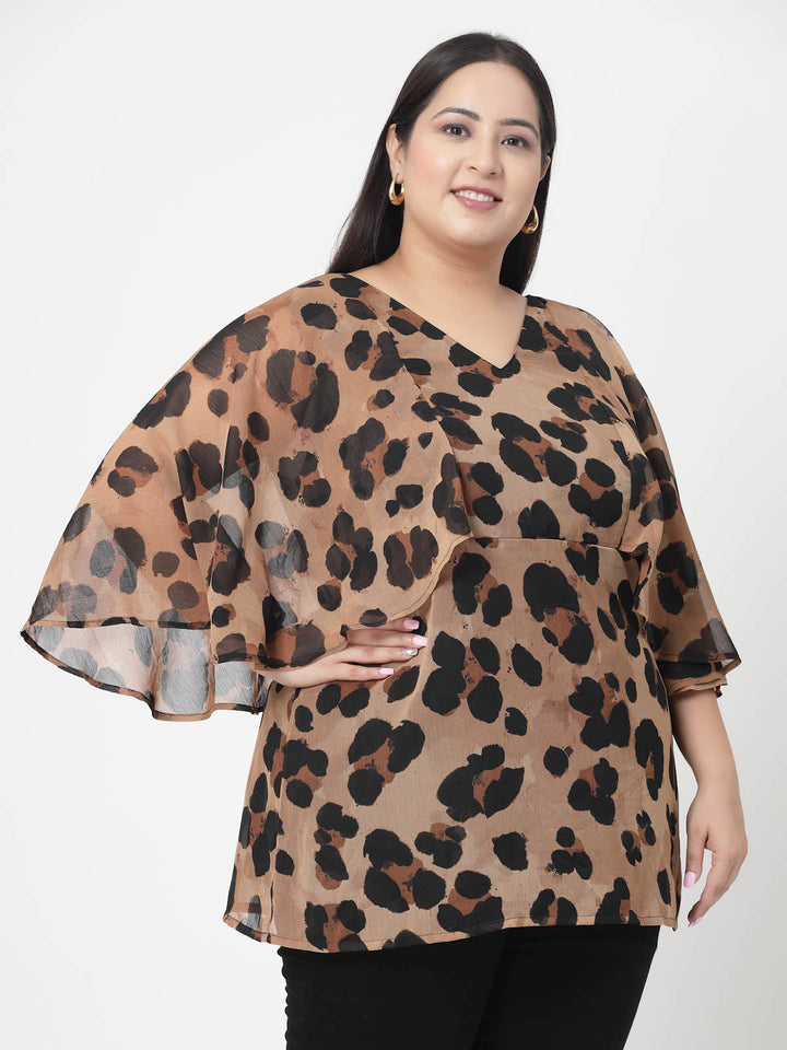 Women Plus Size Animal Printed Flared Sleeve Styled Back Top