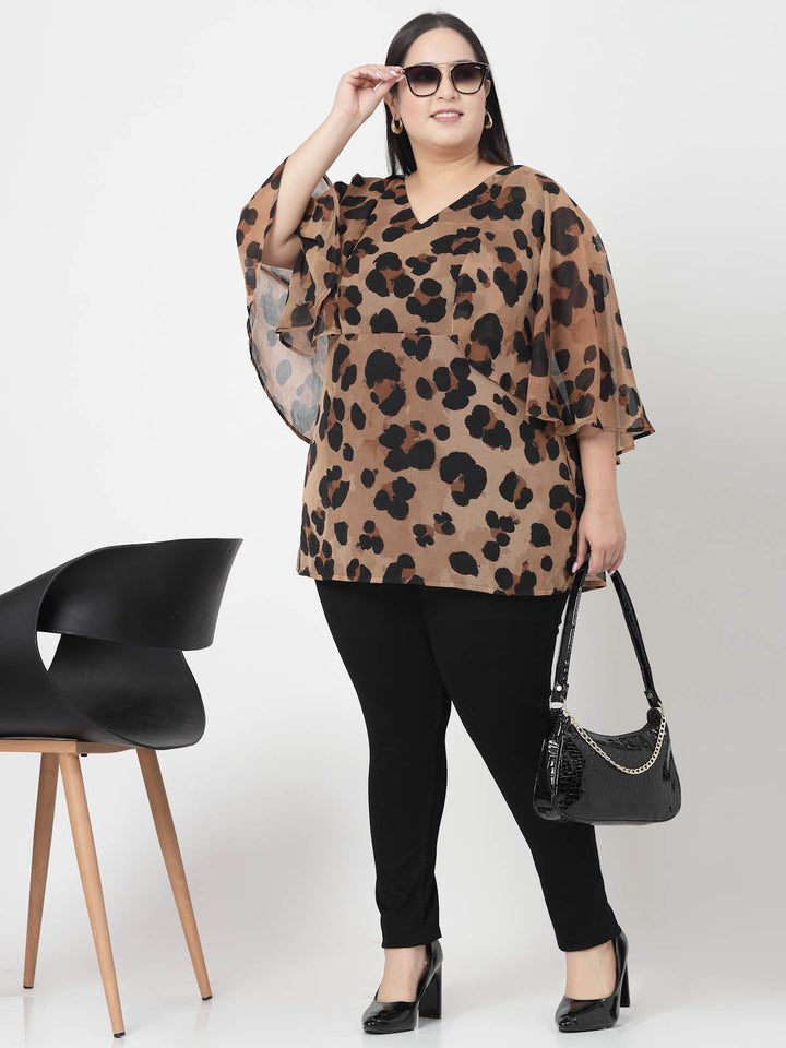 Women Plus Size Animal Printed Flared Sleeve Styled Back Top