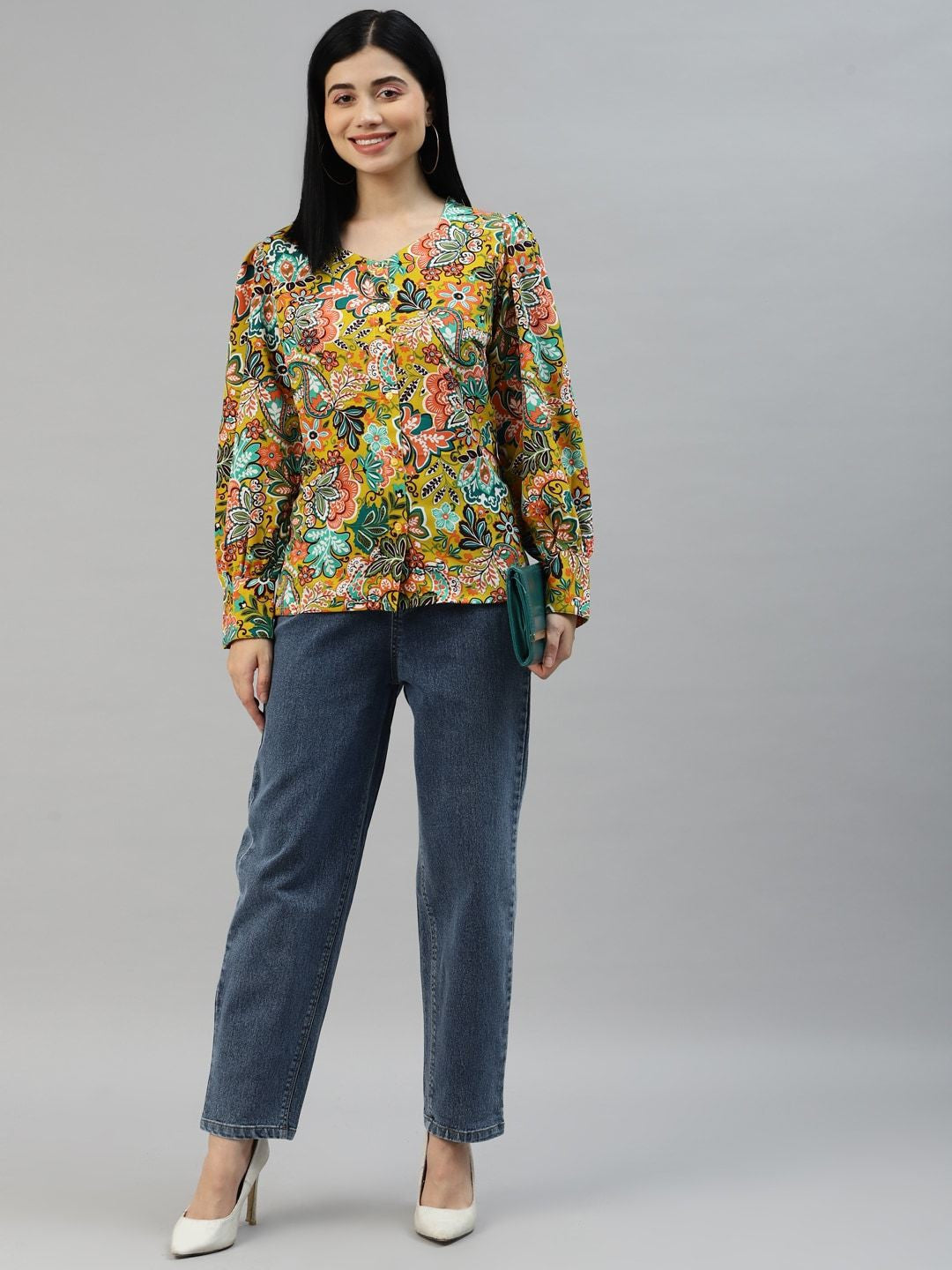 plusS Women Yellow Floral Printed Casual Shirt