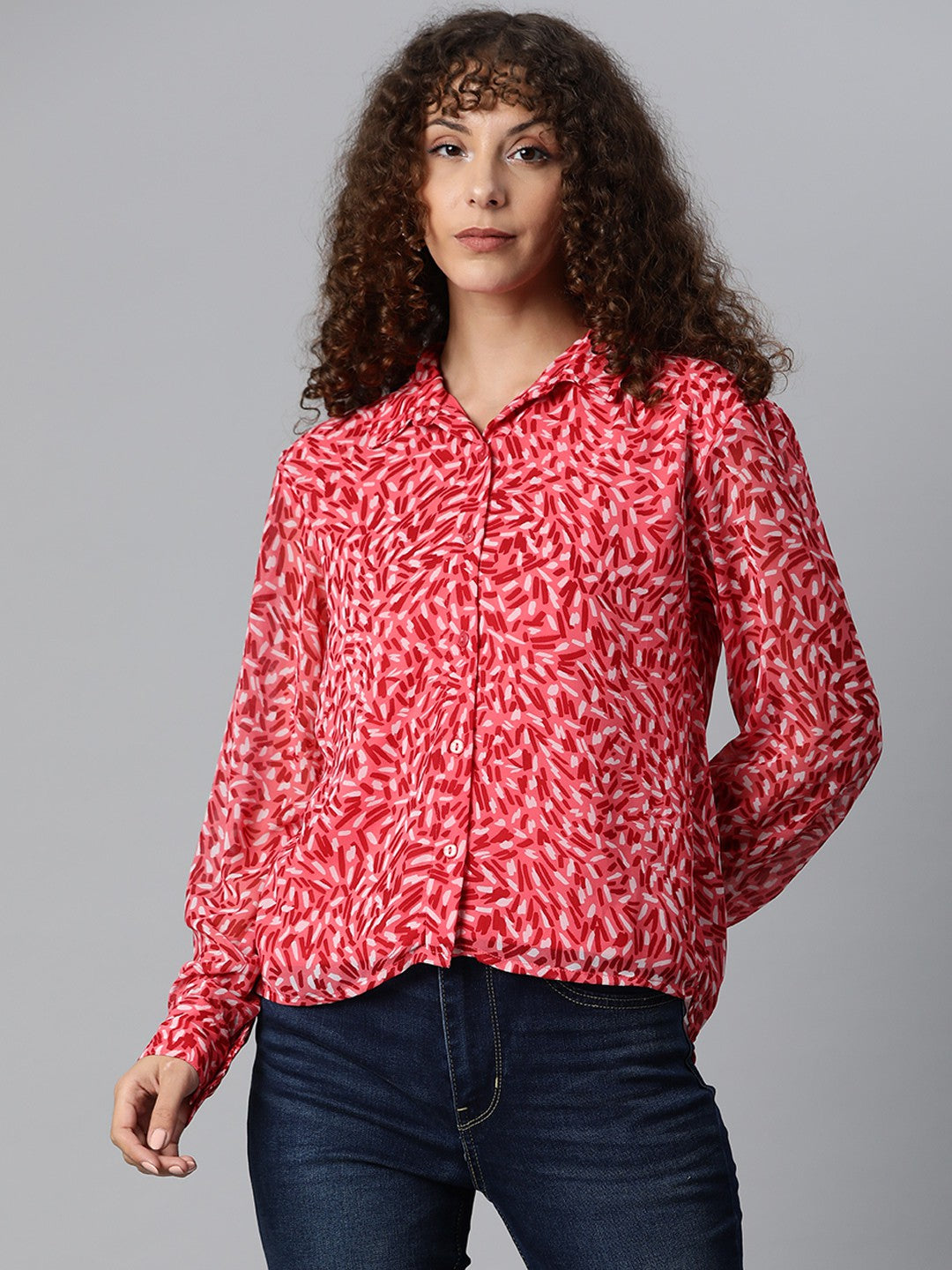 plusS Women Peach-Coloured  Red Geometric Print Casual Shirt