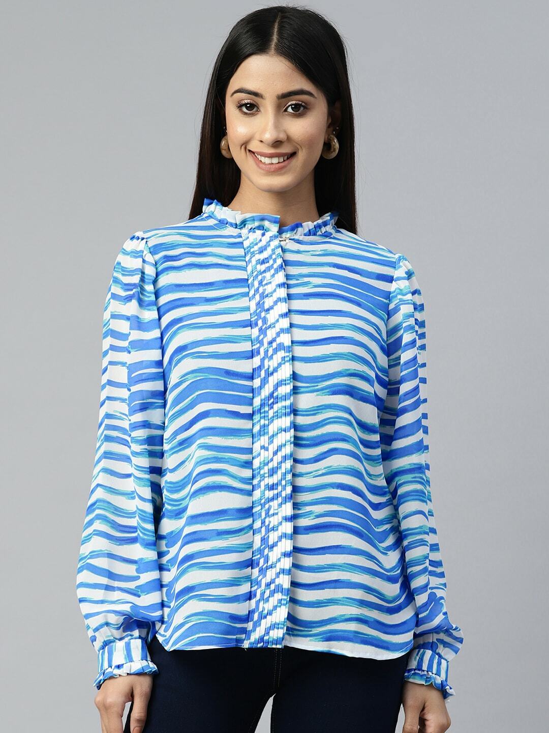 plusS Women Blue Horizontal Striped Casual Shirt