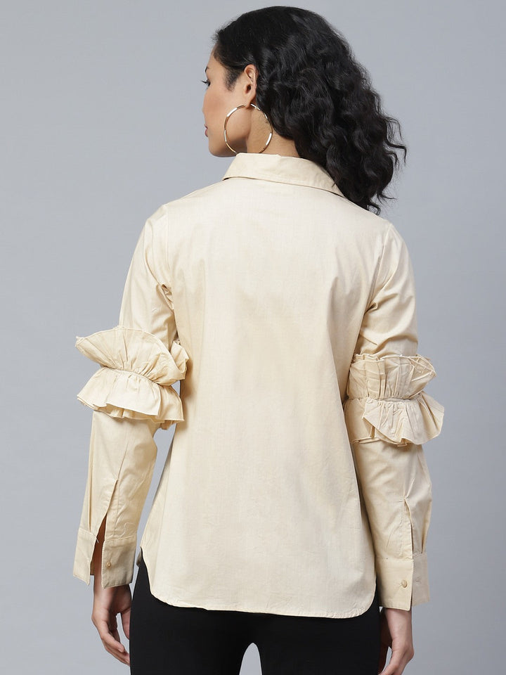 plusS Elegant Beige Ruffle Detail Solid Shirt