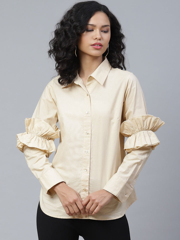 plusS Elegant Beige Ruffle Detail Solid Shirt