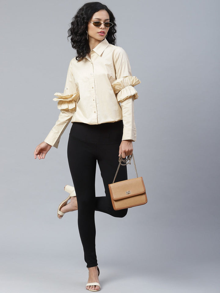 plusS Elegant Beige Ruffle Detail Solid Shirt