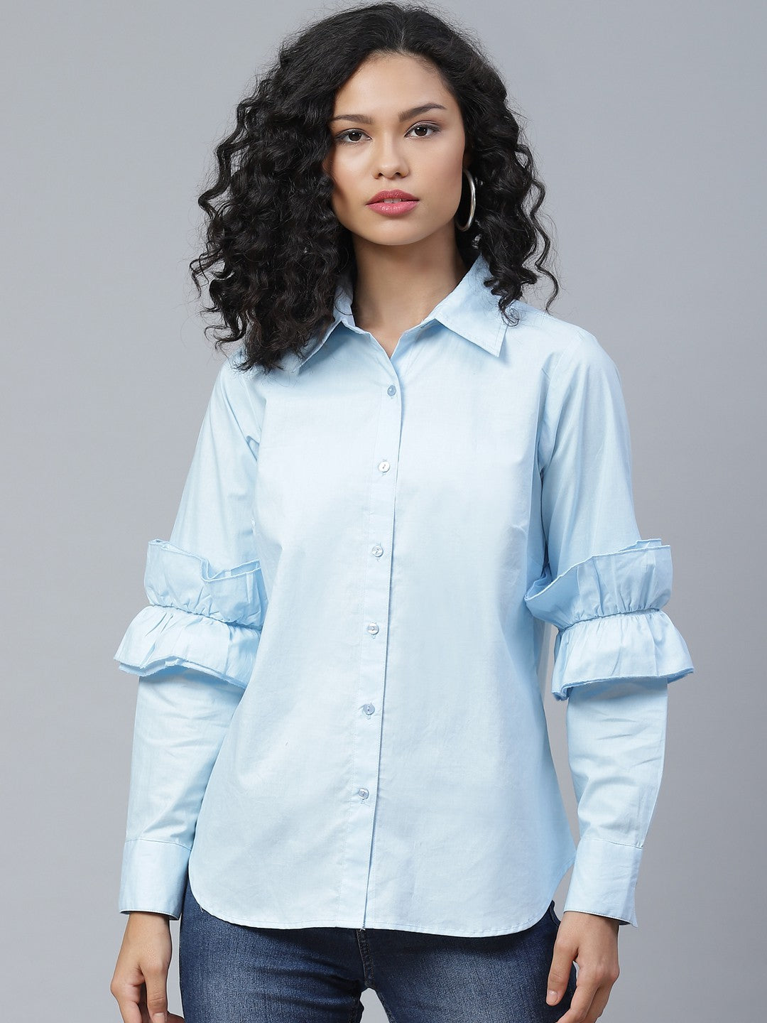 plusS Tranquil Blue Ruffle Detail Solid Shirt