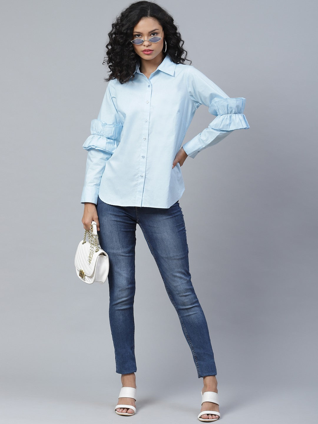 plusS Tranquil Blue Ruffle Detail Solid Shirt