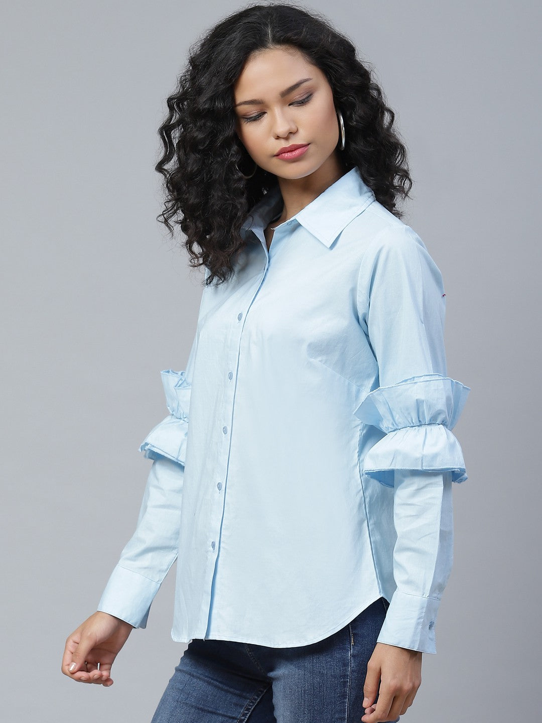 plusS Tranquil Blue Ruffle Detail Solid Shirt