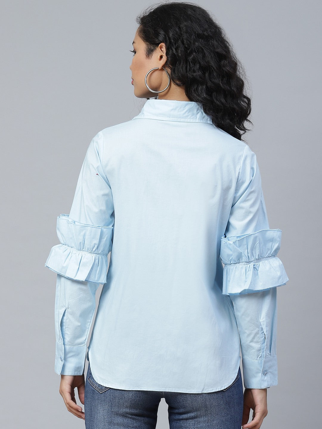 plusS Tranquil Blue Ruffle Detail Solid Shirt