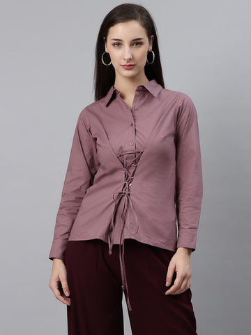 Tantalising Mauve Lace-Up Solid Casual Shirt