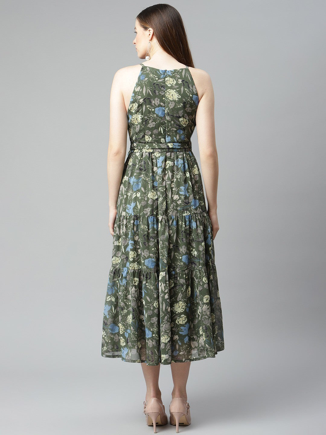 Blue Floral Printed A-Line Midi Tiered Dress