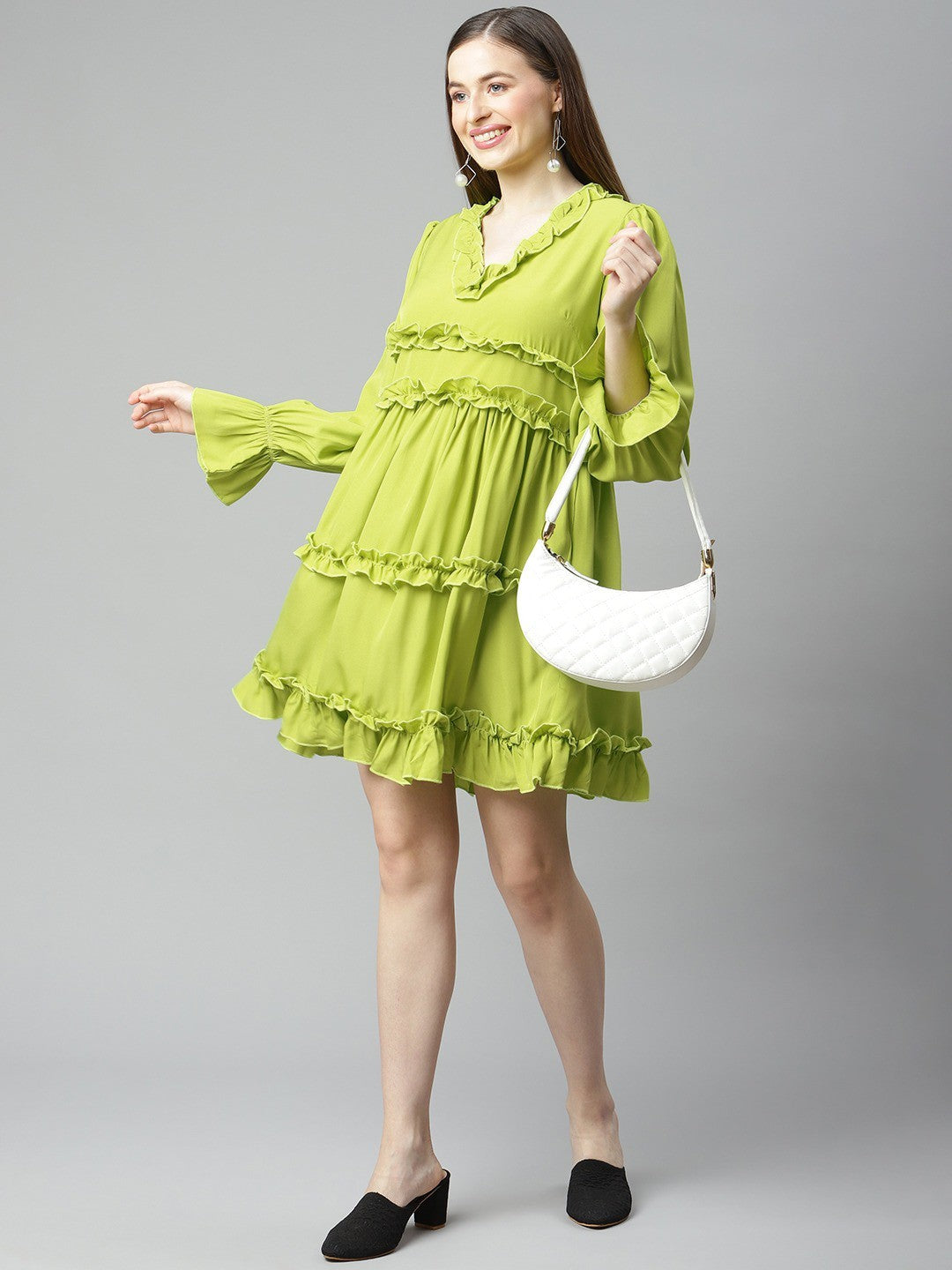 plusS Lime Green Solid A-Line Ruffle Tiered Dress