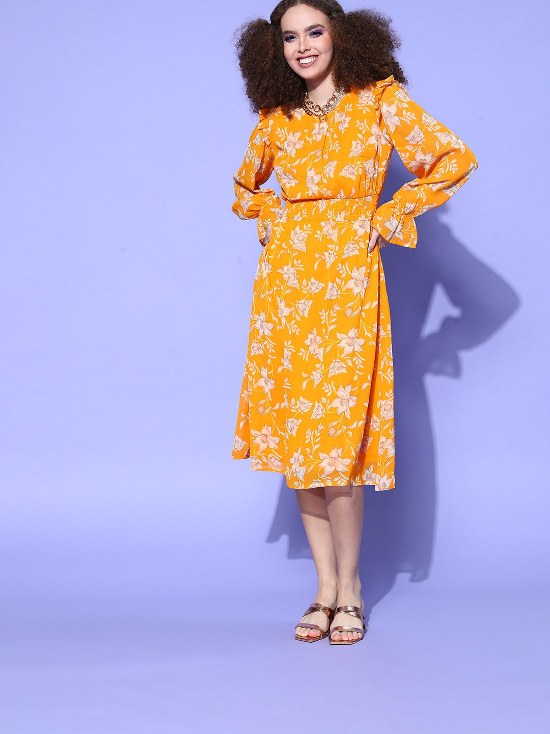 Mustard Floral Volume Play Dress