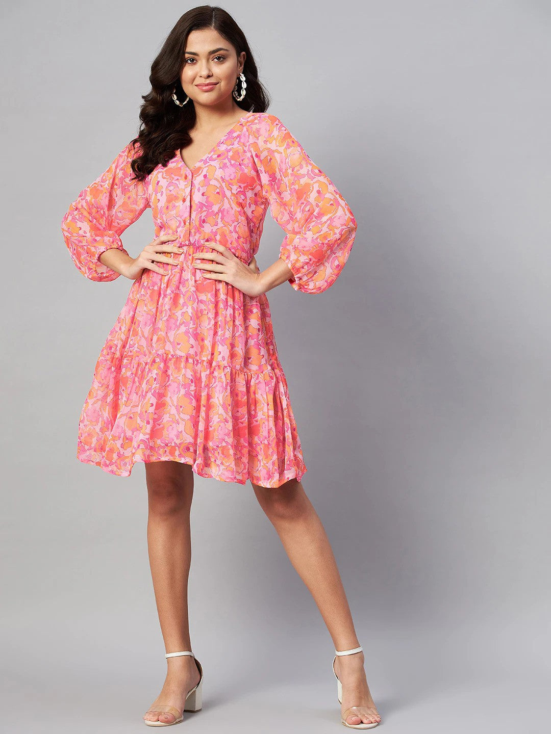 Orange Floral Puff Sleeves Dress