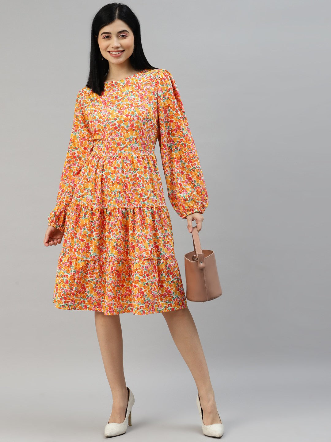 plusS Off White  Orange Floral A-Line Dress