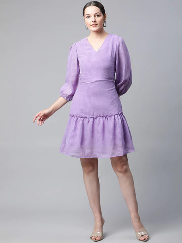 plusS Lavender Self Design Puff Sleeves A-Line Dress