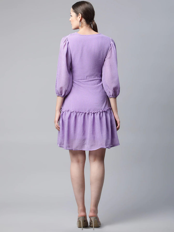 plusS Lavender Self Design Puff Sleeves A-Line Dress