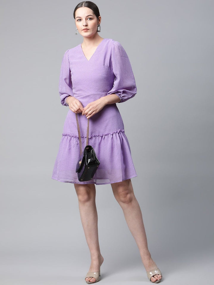 plusS Lavender Self Design Puff Sleeves A-Line Dress