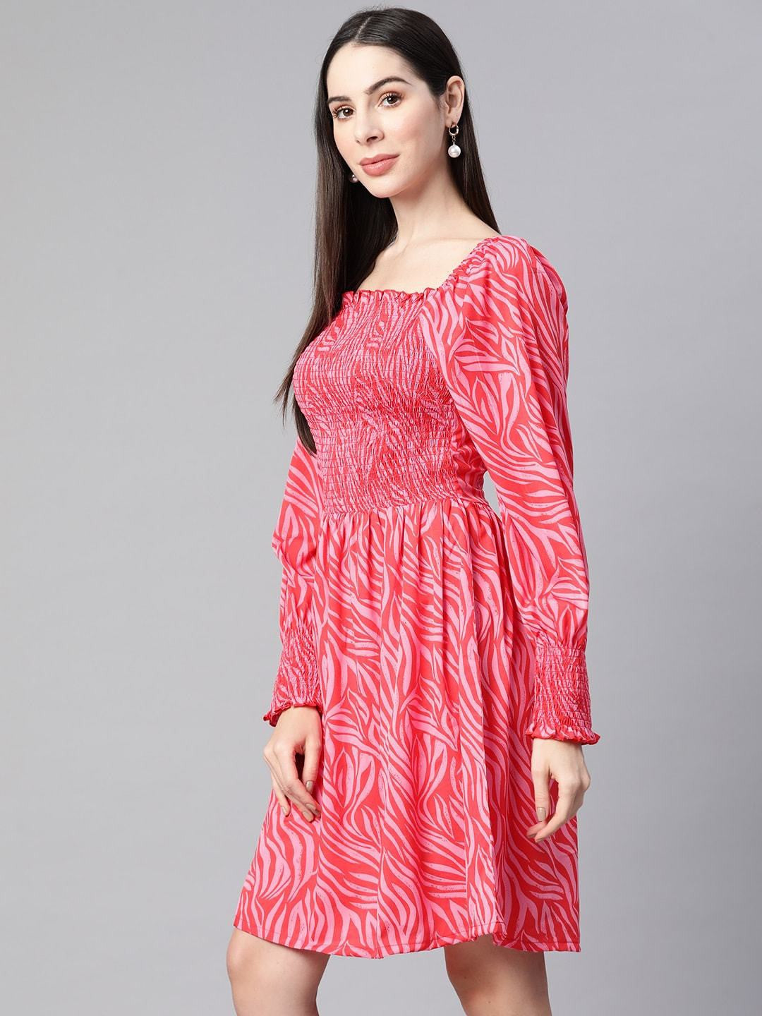 plusS Pink Smocked Printed Fit  Flare Dress