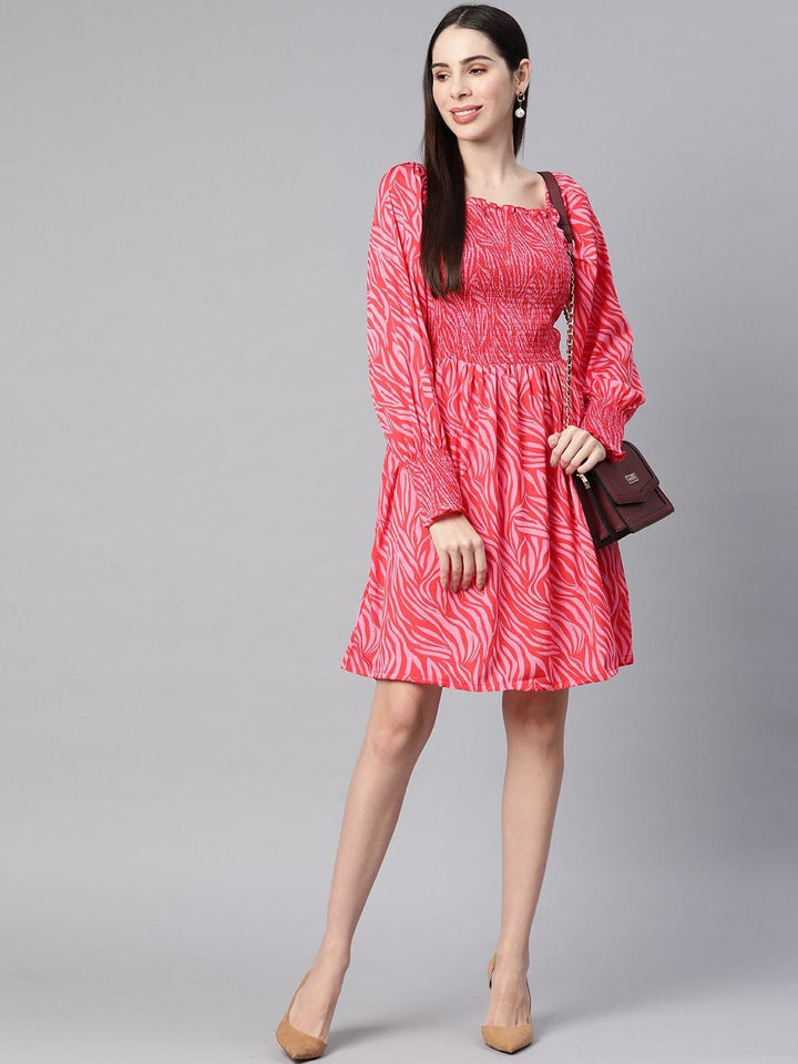 plusS Pink Smocked Printed Fit  Flare Dress