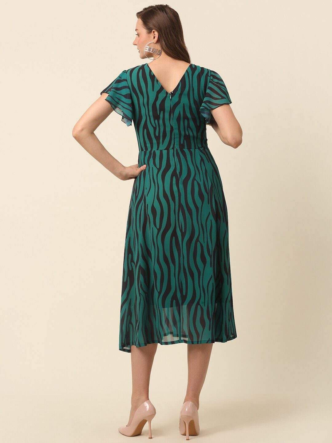 plusS Green Abstract Printed Flutter Sleeves A-Line Midi Dress