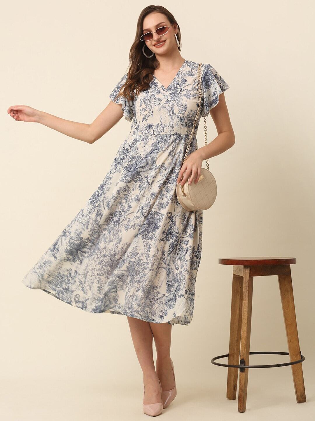 plusS Beige Conversational Printed Flutter Sleeves A-Line Midi Dress