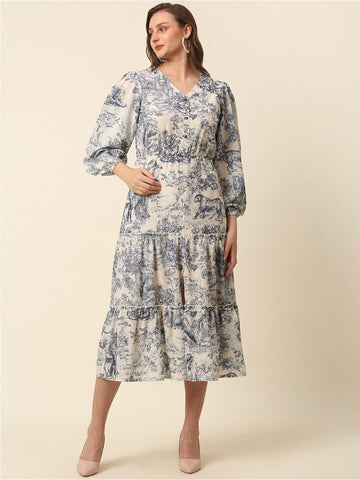 plusS Beige Conversational Printed Puff Sleeve Tiered Fit  Flare Midi Dress