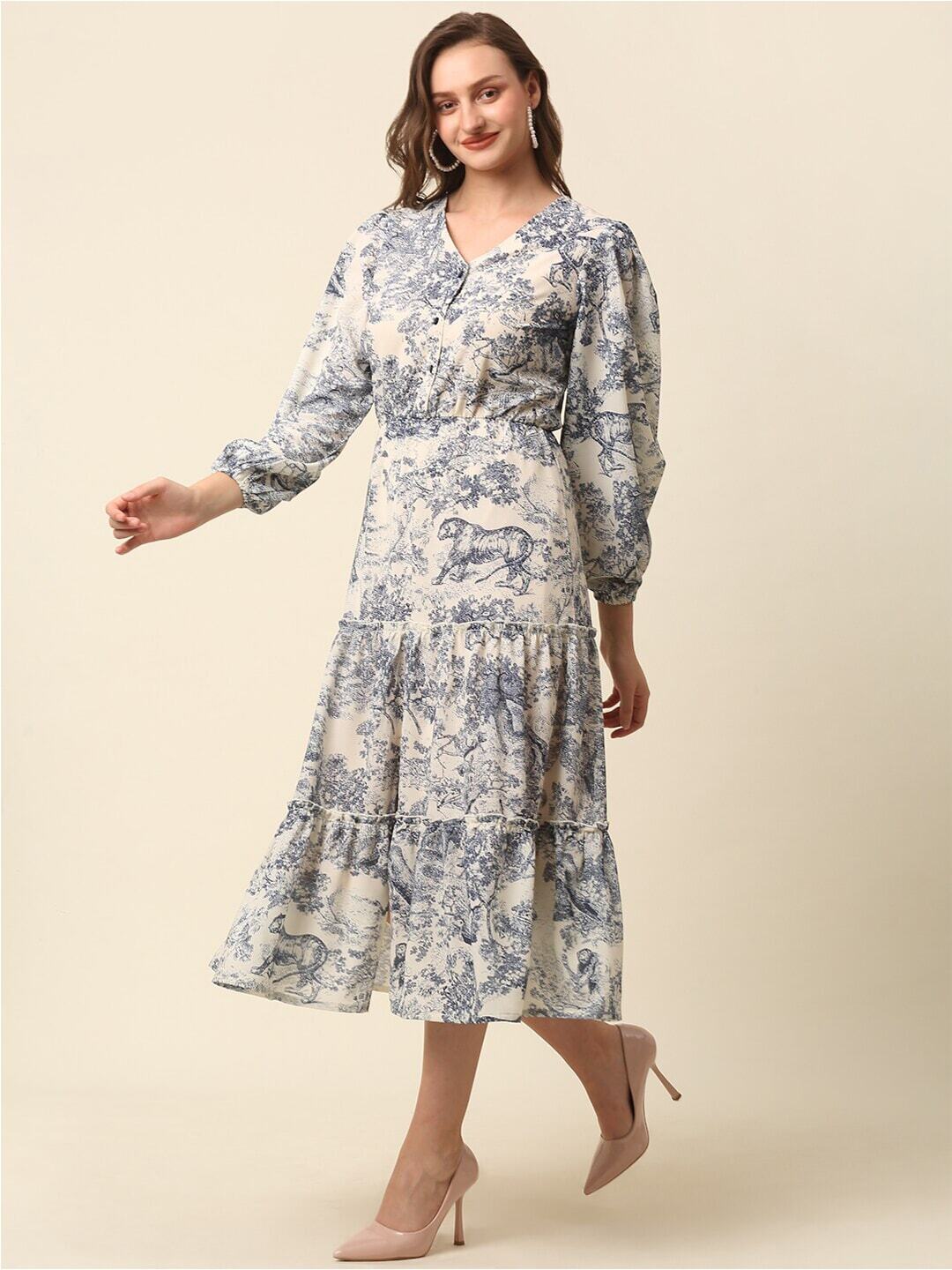 plusS Beige Conversational Printed Puff Sleeve Tiered Fit  Flare Midi Dress