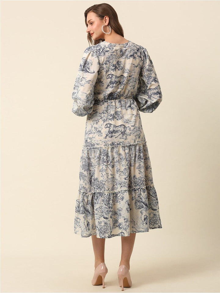 plusS Beige Conversational Printed Puff Sleeve Tiered Fit  Flare Midi Dress