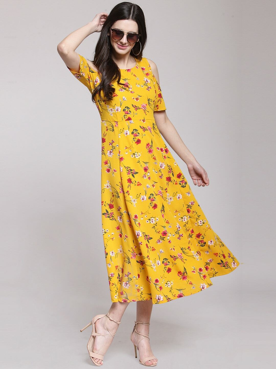 plusS Yellow Floral Printed Fit and Flare Dress