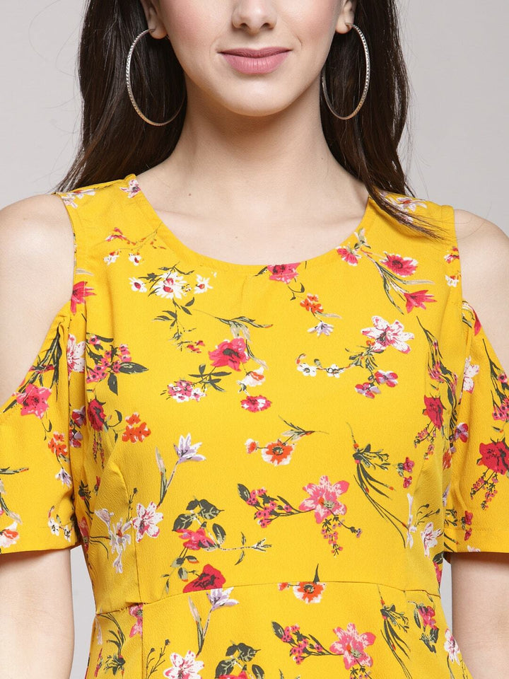 plusS Yellow Floral Printed Fit and Flare Dress