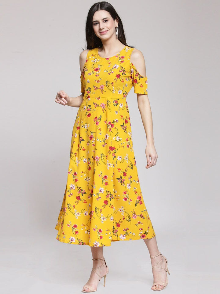 plusS Yellow Floral Printed Fit and Flare Dress