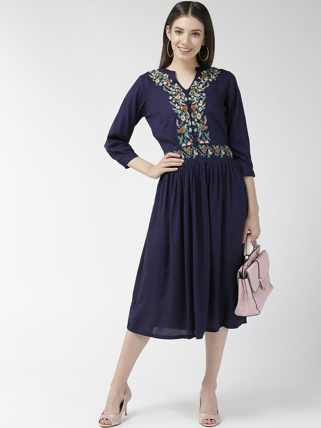 plusS Women Navy Blue Embroidered Detail A-Line Dress