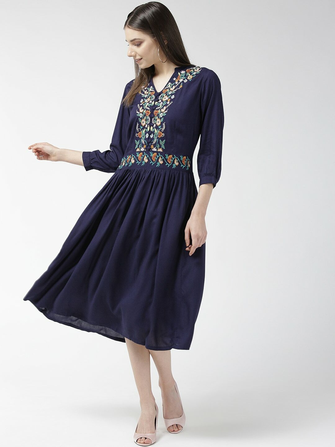 plusS Women Navy Blue Embroidered Detail A-Line Dress