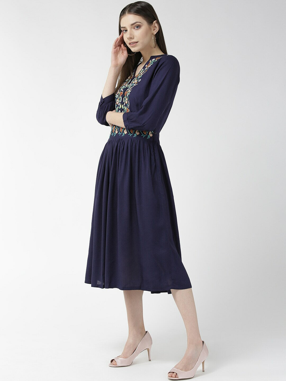 plusS Women Navy Blue Embroidered Detail A-Line Dress