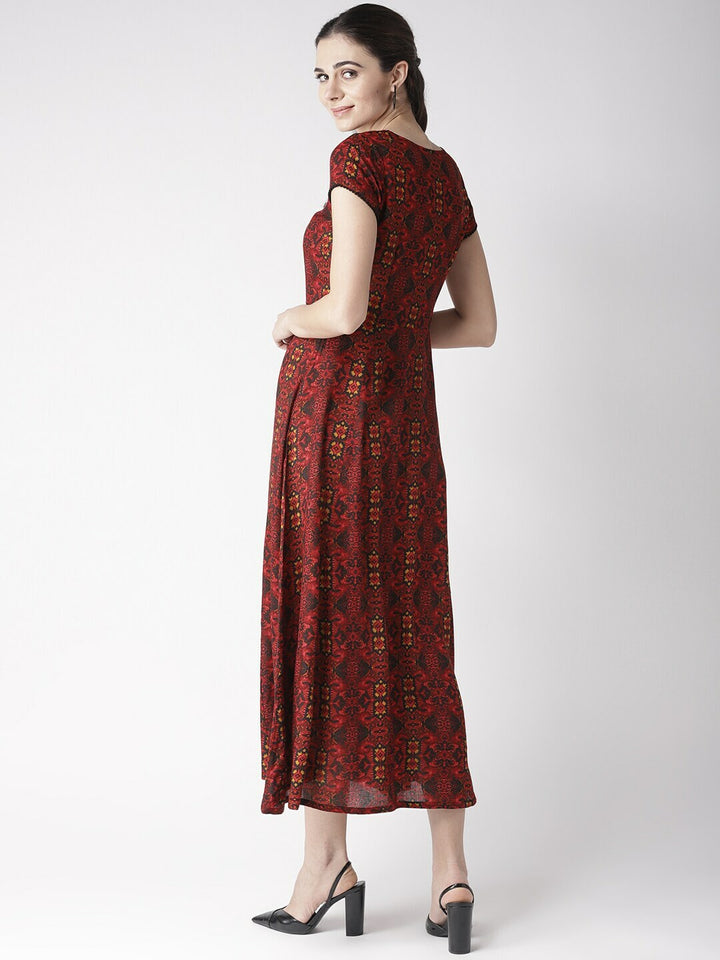 plusS Red  Black Ethnic Motifs Printed Fit  Flare Dress