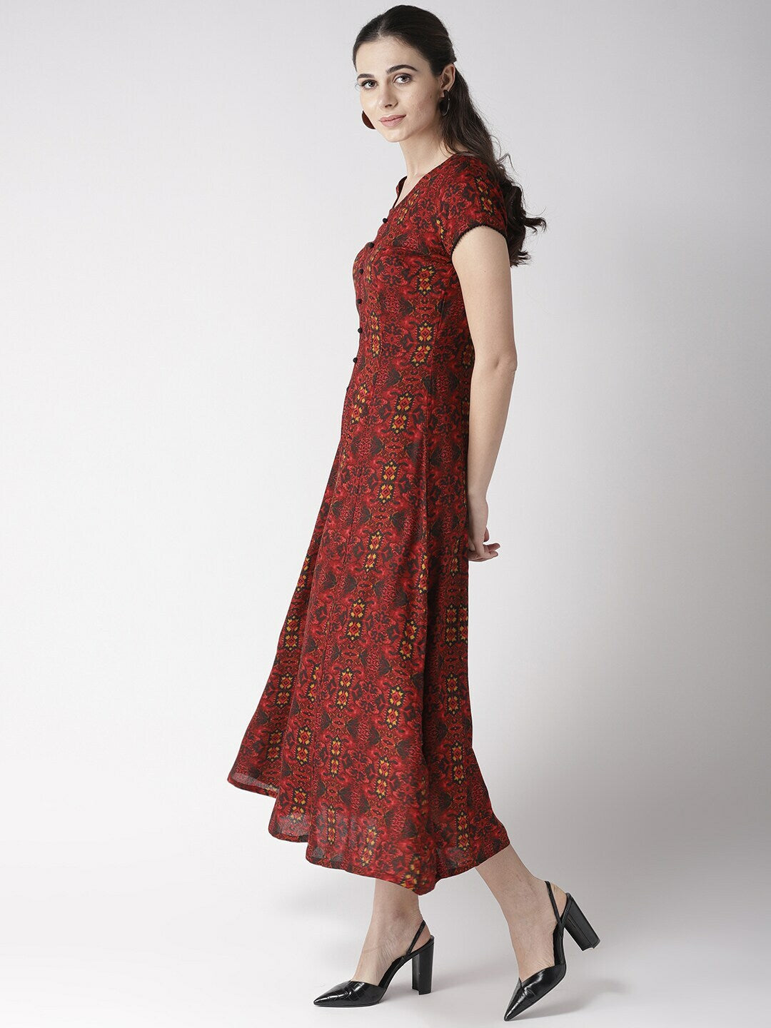 plusS Red  Black Ethnic Motifs Printed Fit  Flare Dress