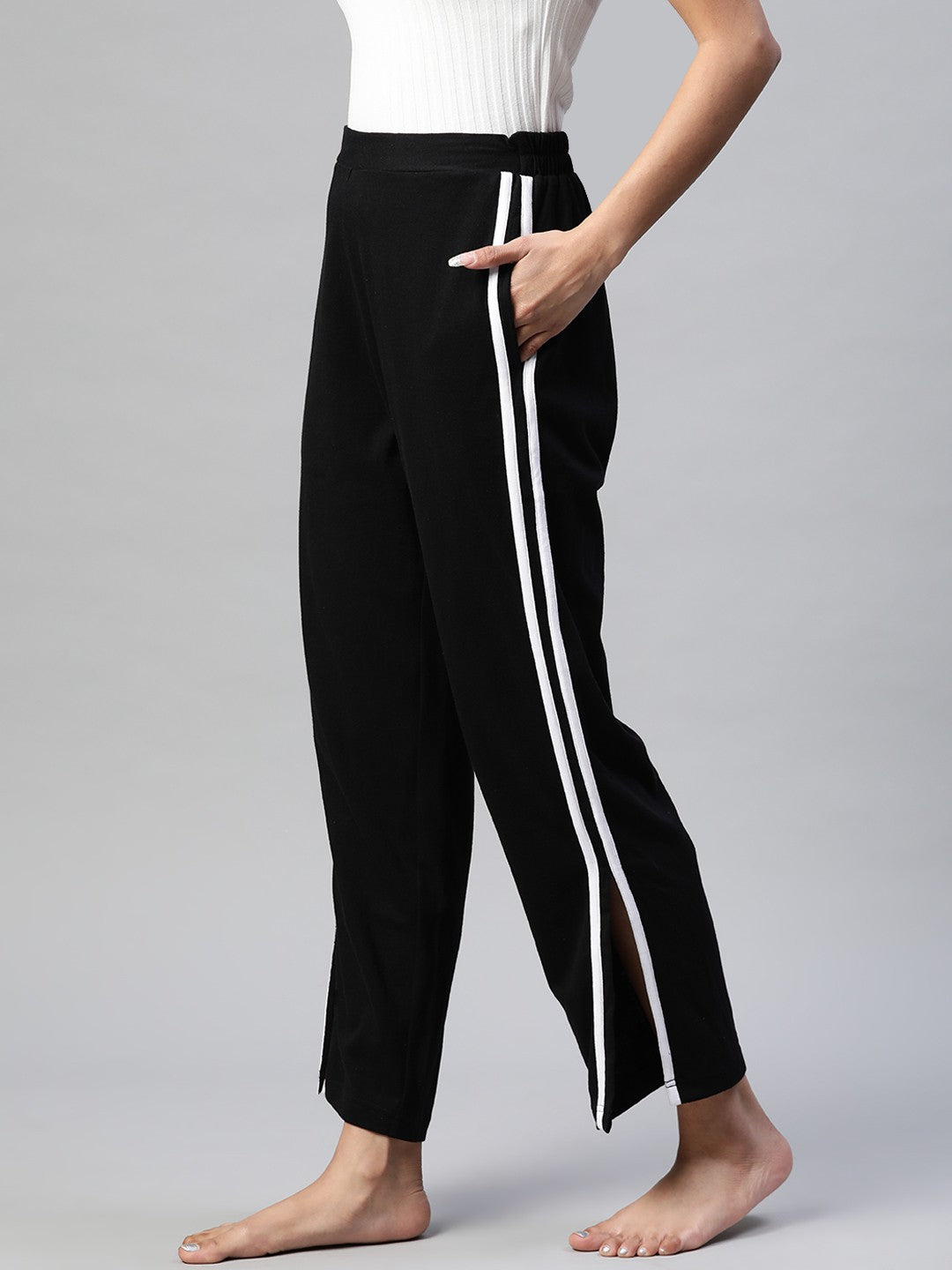 Black Solid Track Pants With Side Slits